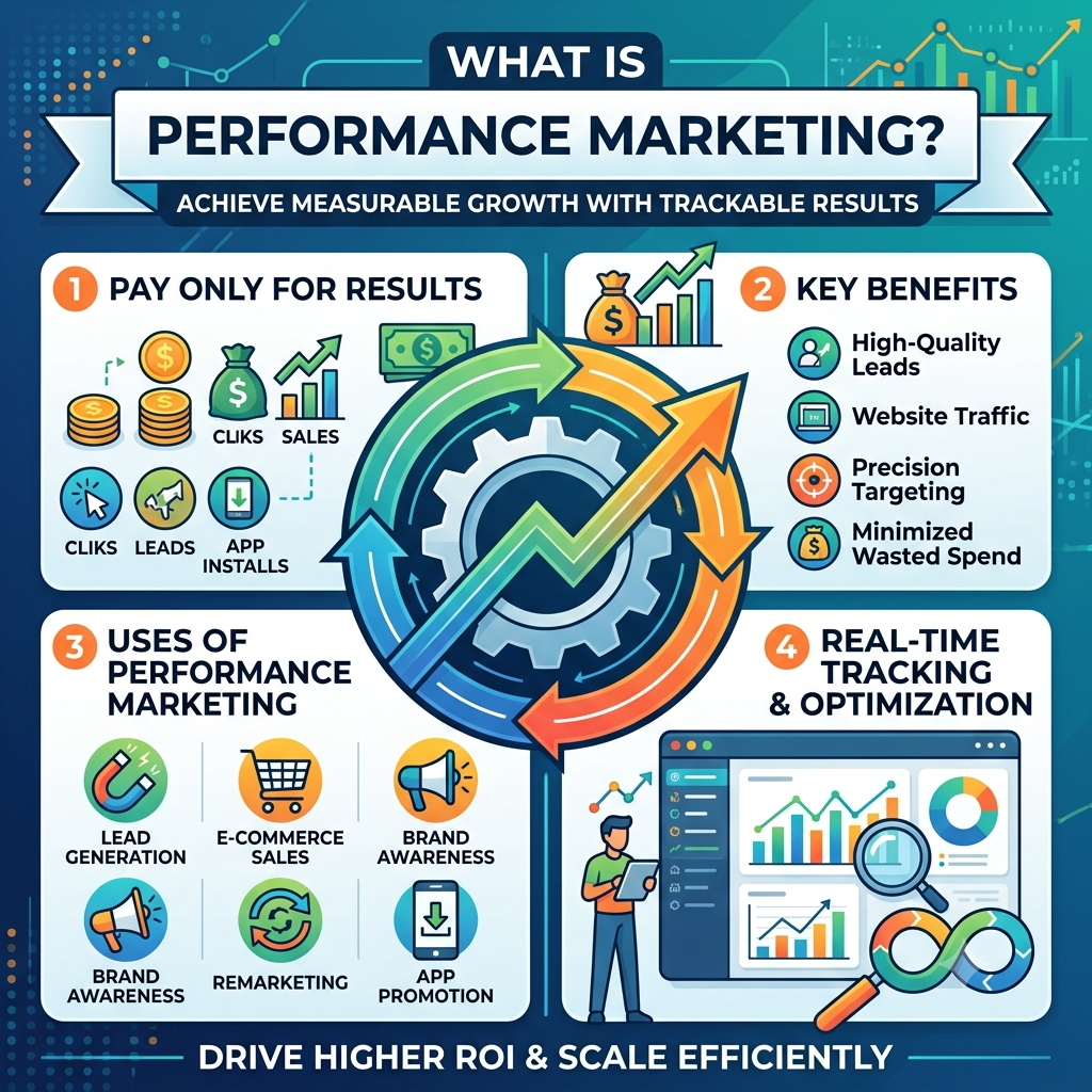 Performance Marketing infographic by Digital Maximize explaining measurable digital marketing, lead generation, website traffic, real-time tracking, ROI optimization, and performance-based advertising.